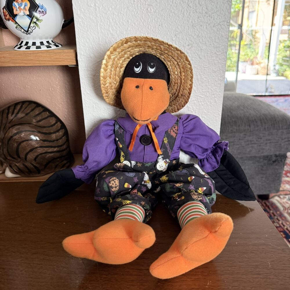 Vintage 1999 Halloween Crow Wearing Straw Hat Weighted Plush Shelf Sitters 18"